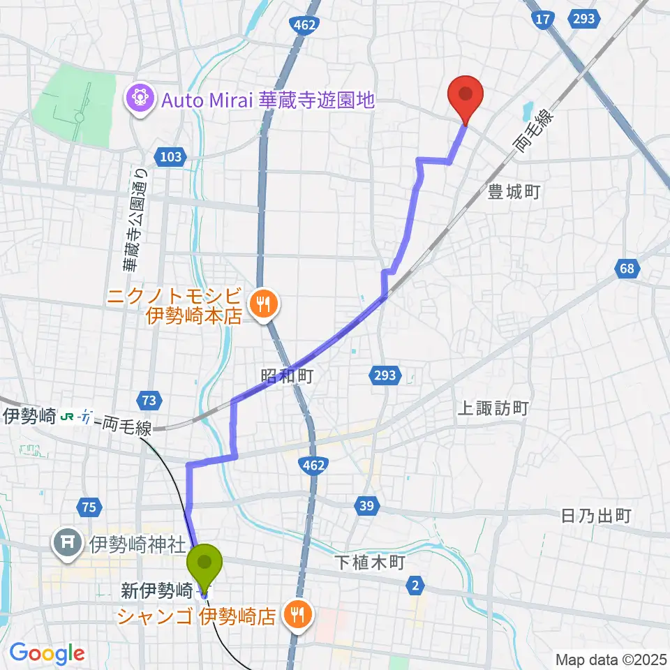 新伊勢崎駅から平田ドラム教室 伊勢崎店へのルートマップ地図