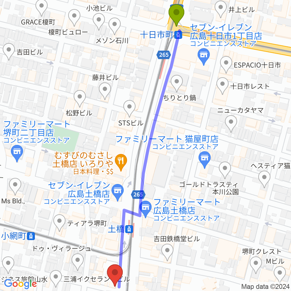 十日市町駅からスタジオGへのルートマップ地図