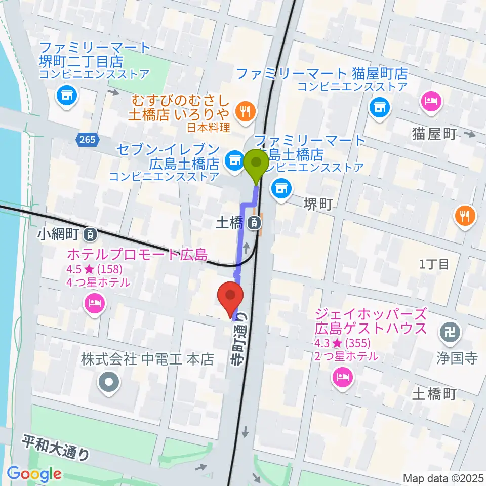 スタジオGの最寄駅土橋駅からの徒歩ルート（約2分）地図
