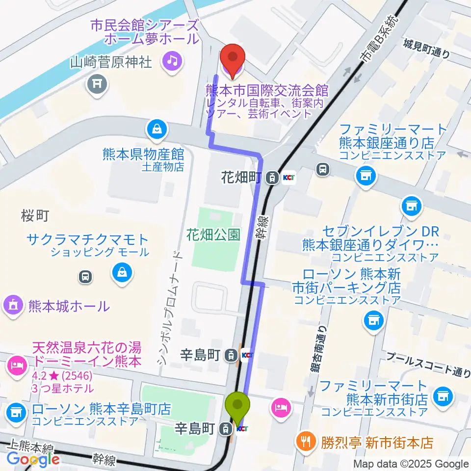 辛島町駅から熊本市国際交流会館へのルートマップ地図