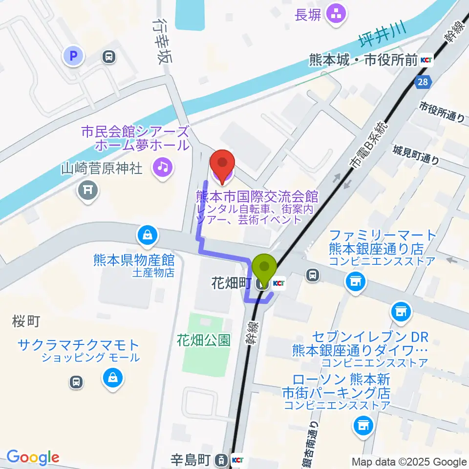 熊本市国際交流会館の最寄駅花畑町駅からの徒歩ルート（約2分）地図