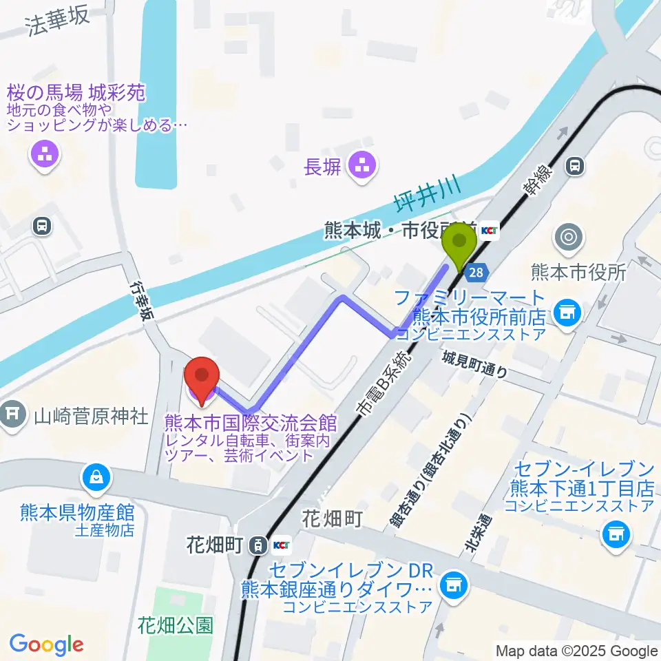 熊本城・市役所前駅から熊本市国際交流会館へのルートマップ地図