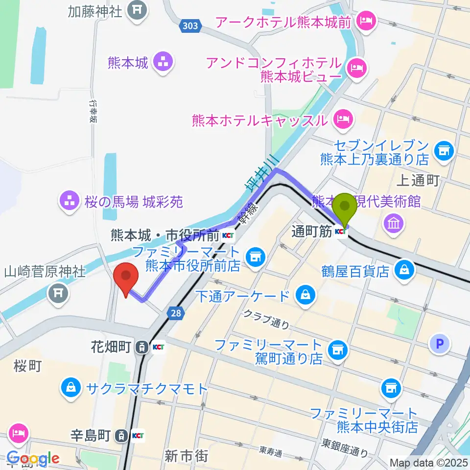 通町筋駅から熊本市国際交流会館へのルートマップ地図