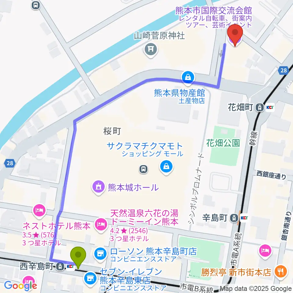 西辛島町駅から熊本市国際交流会館へのルートマップ地図