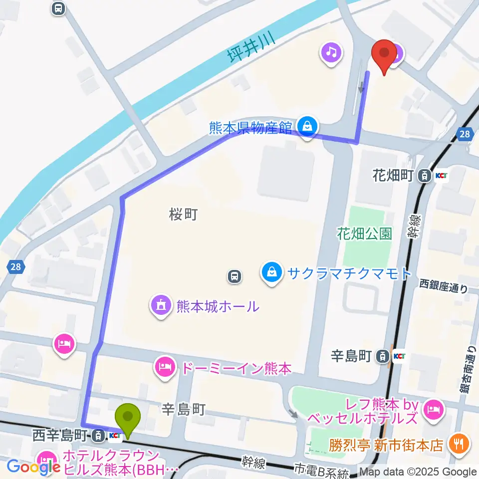 西辛島町駅から熊本市国際交流会館へのルートマップ地図