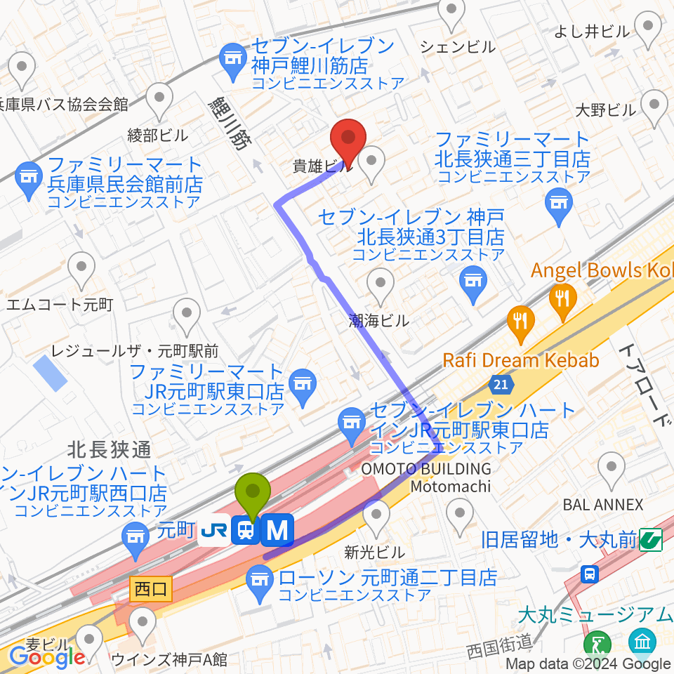 ミスルトゥー・ミュージック・スクールの最寄駅元町駅からの徒歩ルート（約4分）地図