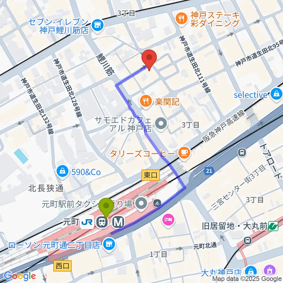 ミスルトゥー・ミュージック・スクールの最寄駅元町駅からの徒歩ルート（約4分）地図