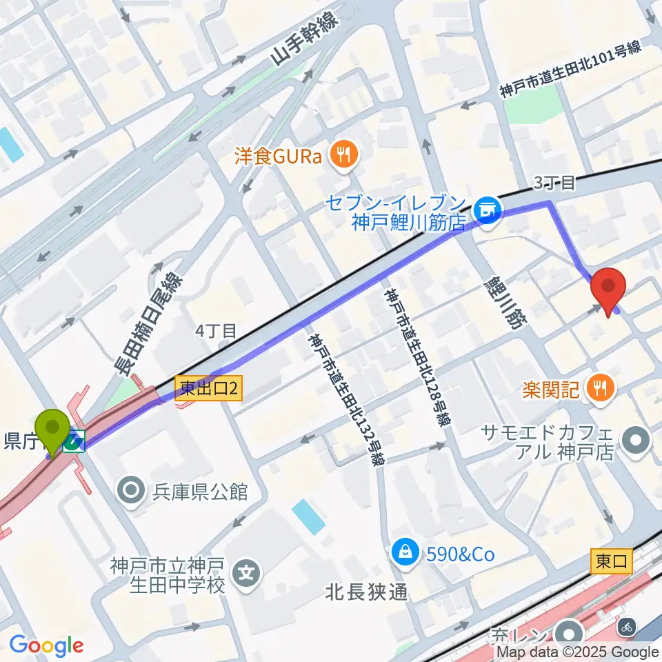 県庁前駅からミスルトゥー・ミュージック・スクールへのルートマップ地図