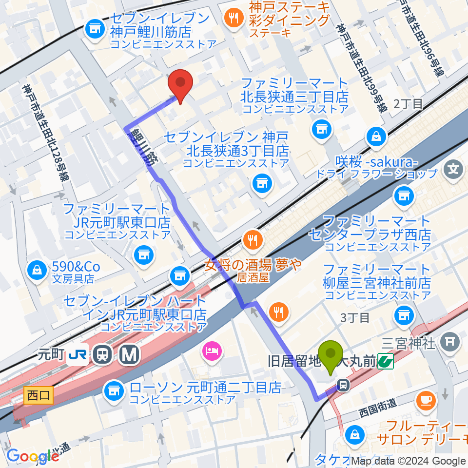 旧居留地・大丸前駅からミスルトゥー・ミュージック・スクールへのルートマップ地図