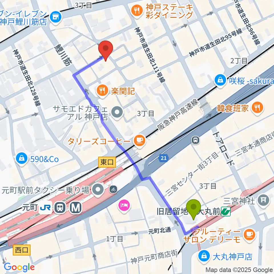 旧居留地・大丸前駅からミスルトゥー・ミュージック・スクールへのルートマップ地図