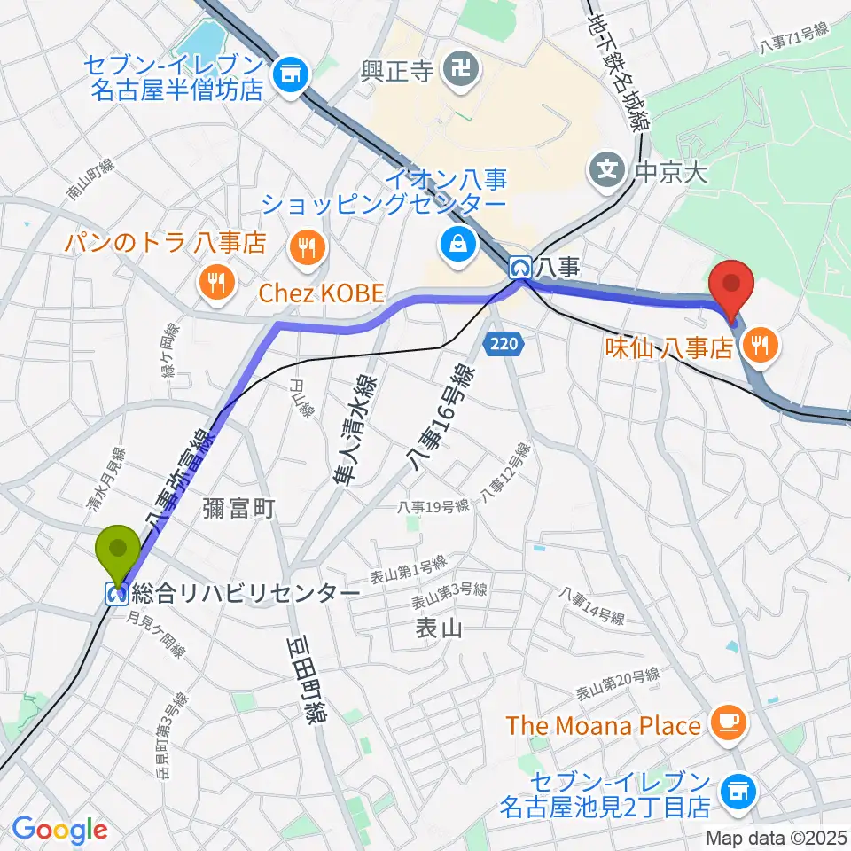 総合リハビリセンター駅からサウンドノート名古屋へのルートマップ地図