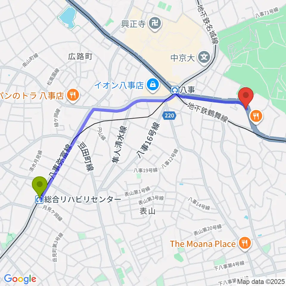 総合リハビリセンター駅からサウンドノート名古屋へのルートマップ地図