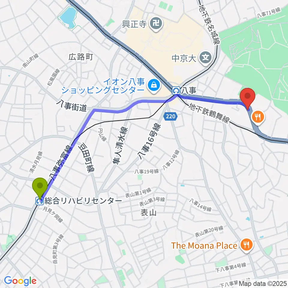 総合リハビリセンター駅からサウンドノート名古屋へのルートマップ地図