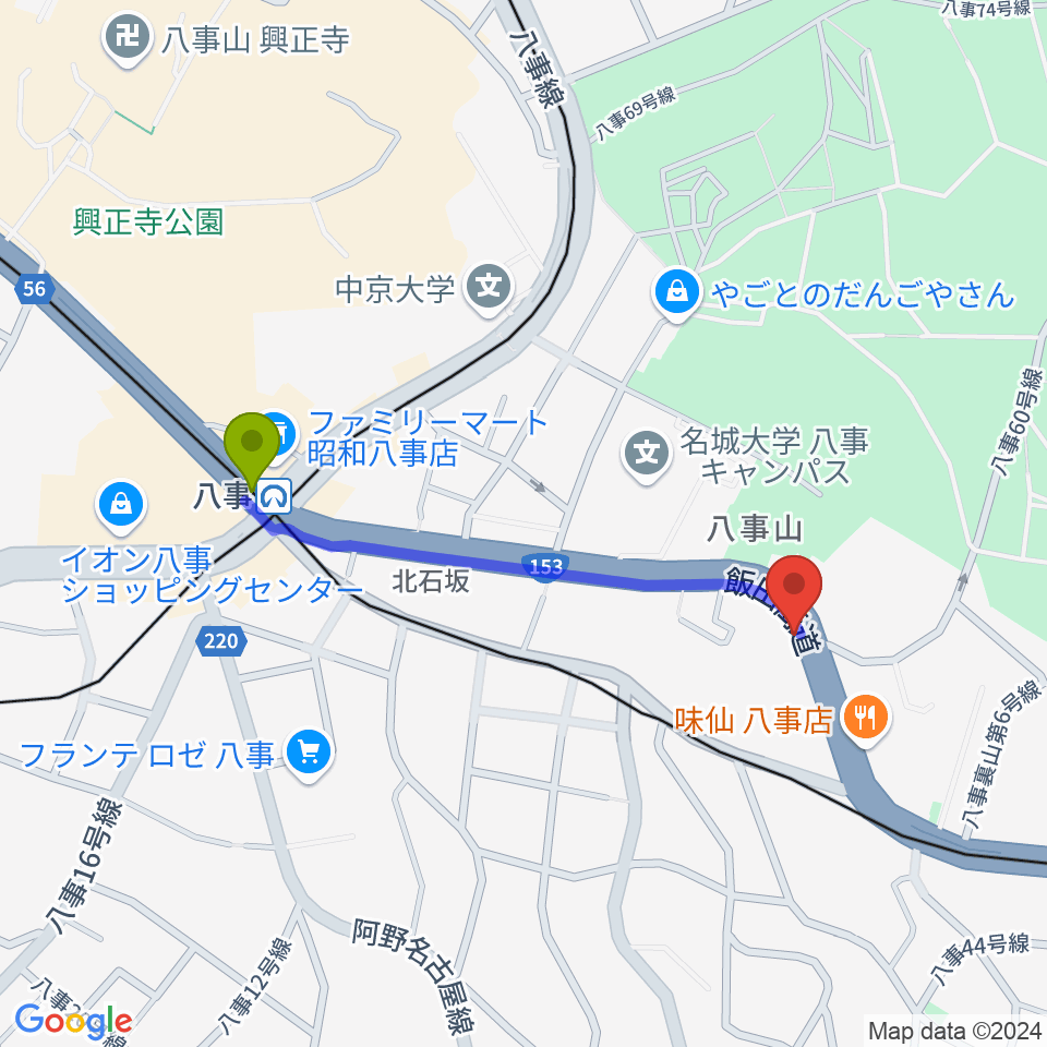 サウンドノート名古屋の最寄駅八事駅からの徒歩ルート（約8分）地図