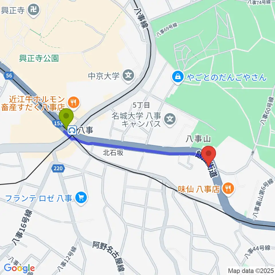 サウンドノート名古屋の最寄駅八事駅からの徒歩ルート（約8分）地図