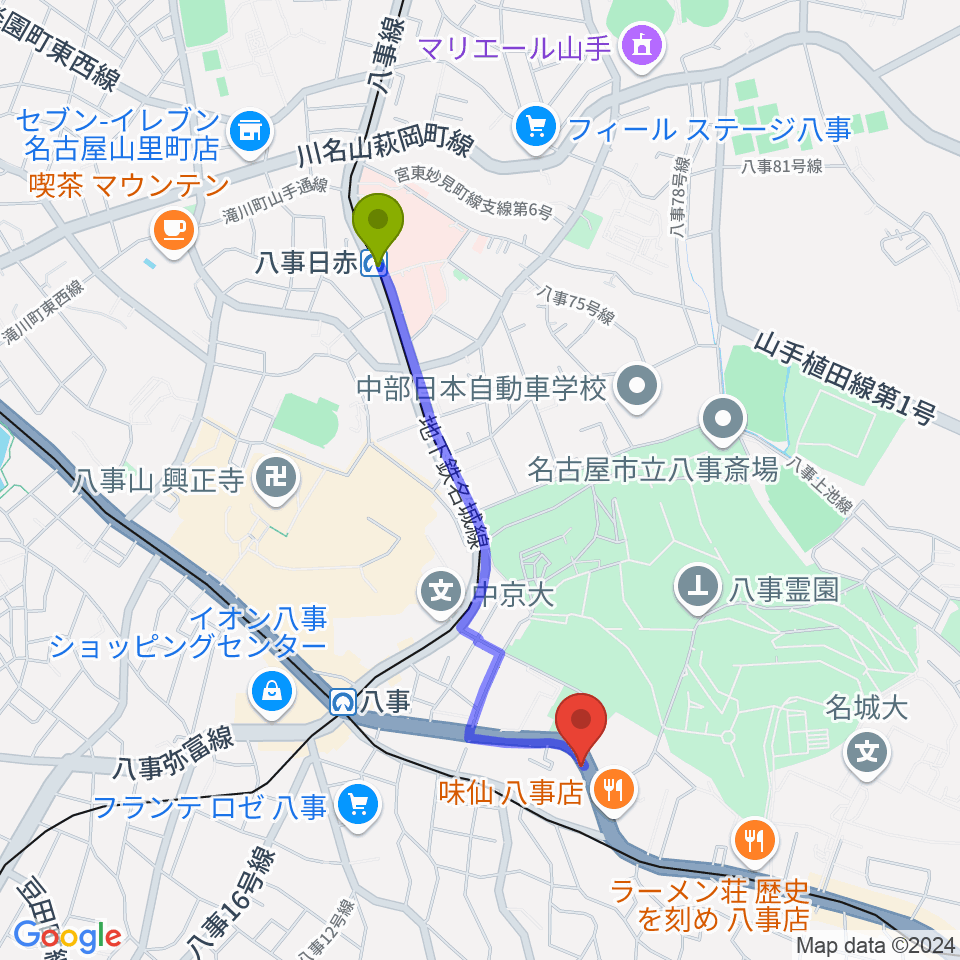 八事日赤駅からサウンドノート名古屋へのルートマップ地図