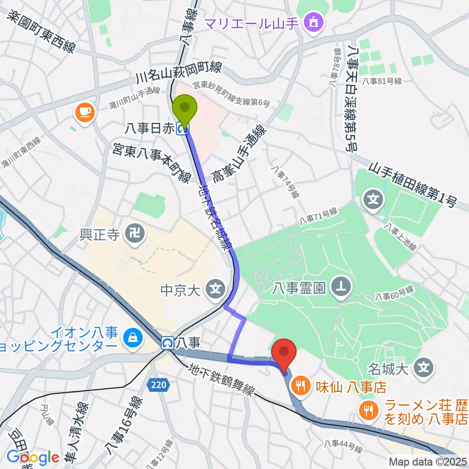 八事日赤駅からサウンドノート名古屋へのルートマップ地図