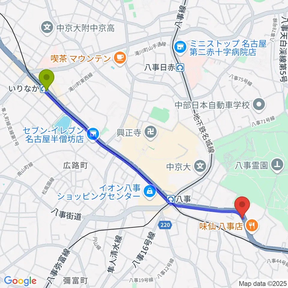 いりなか駅からサウンドノート名古屋へのルートマップ地図
