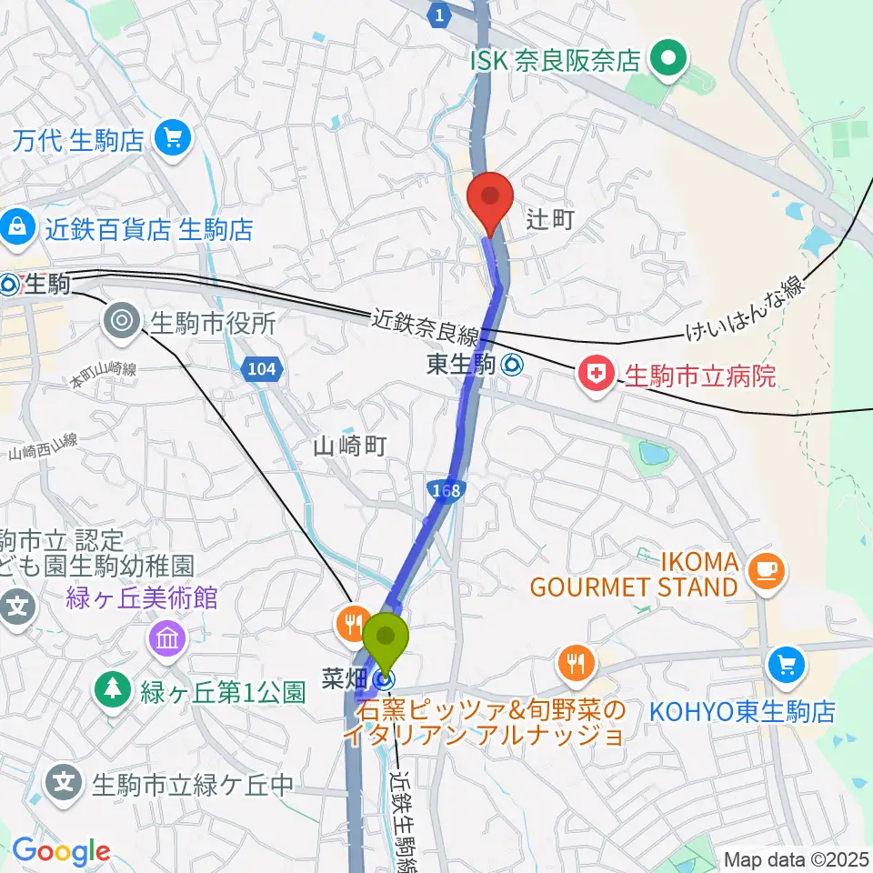 菜畑駅から天理楽器 生駒店へのルートマップ地図