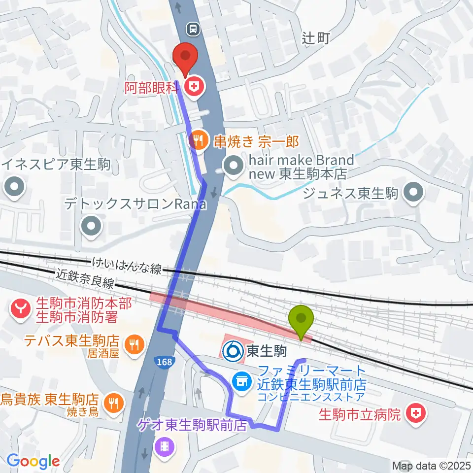 天理楽器 生駒店の最寄駅東生駒駅からの徒歩ルート（約5分）地図