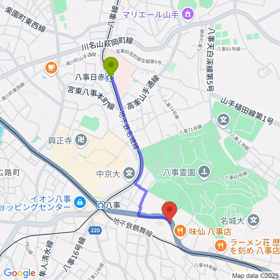 八事日赤駅からオサスタへのルートマップ地図