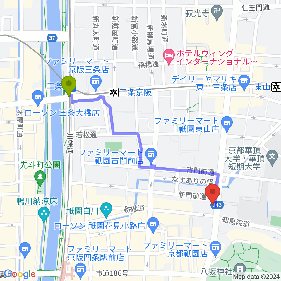 三条駅から祇園SILVER WINGSへのルートマップ地図