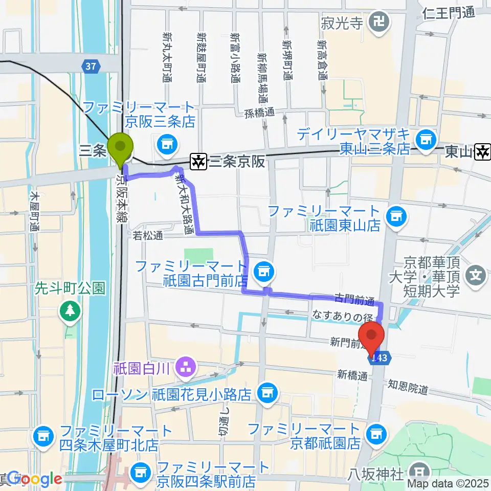 三条駅から祇園SILVER WINGSへのルートマップ地図