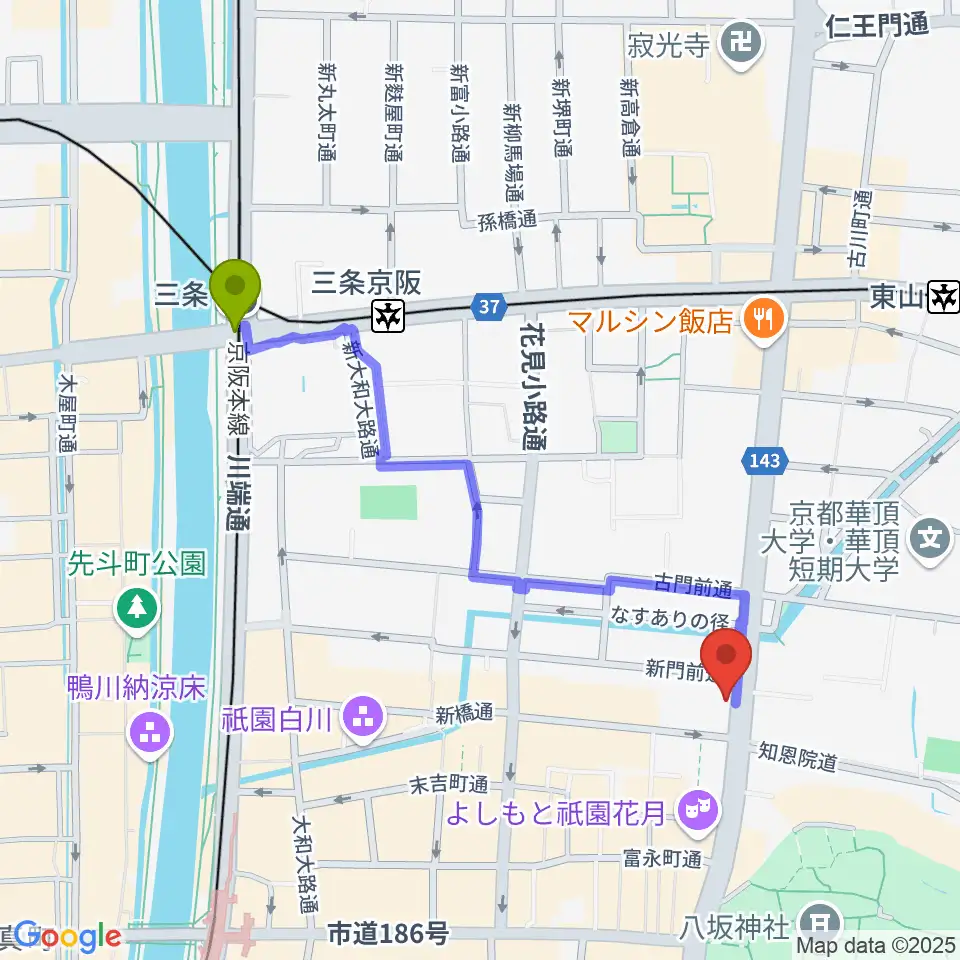 三条駅から祇園SILVER WINGSへのルートマップ地図
