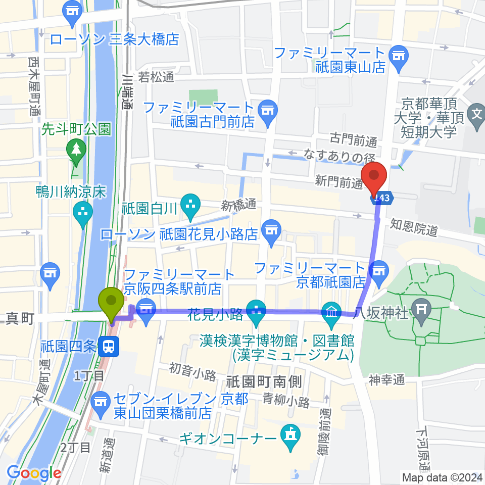 祇園四条駅から祇園SILVER WINGSへのルートマップ地図