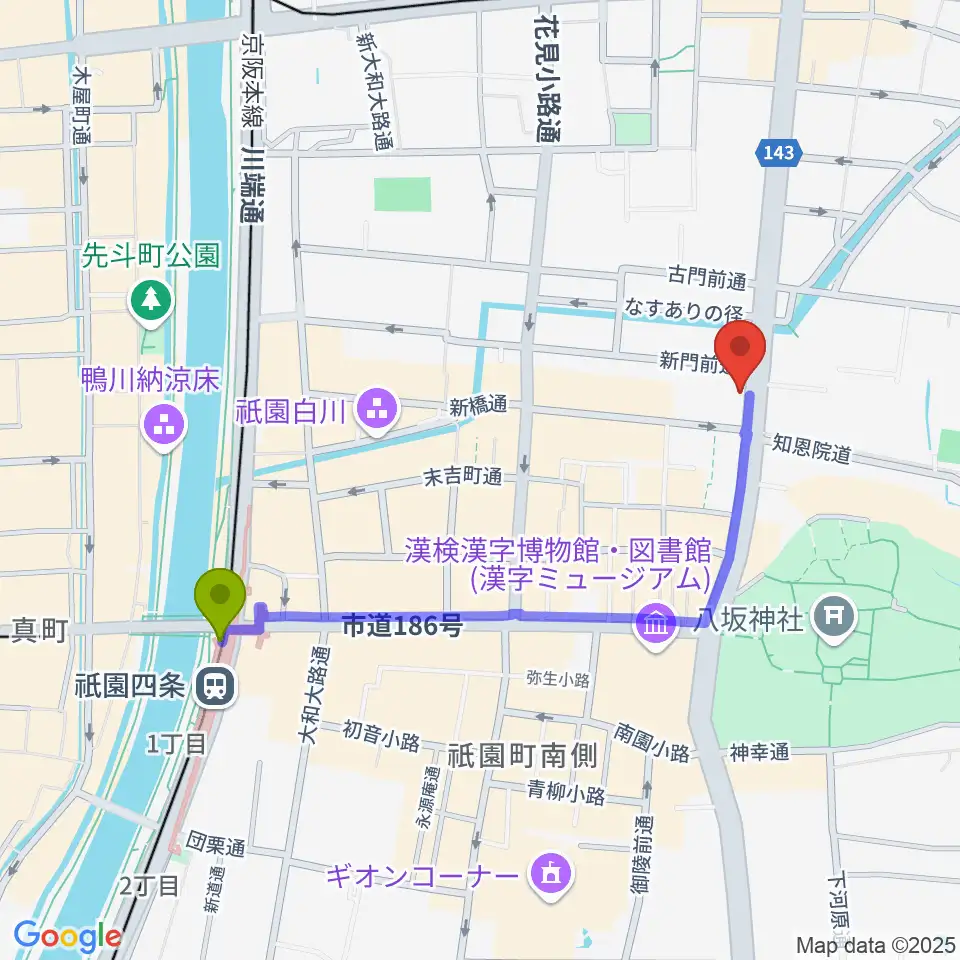 祇園四条駅から祇園SILVER WINGSへのルートマップ地図