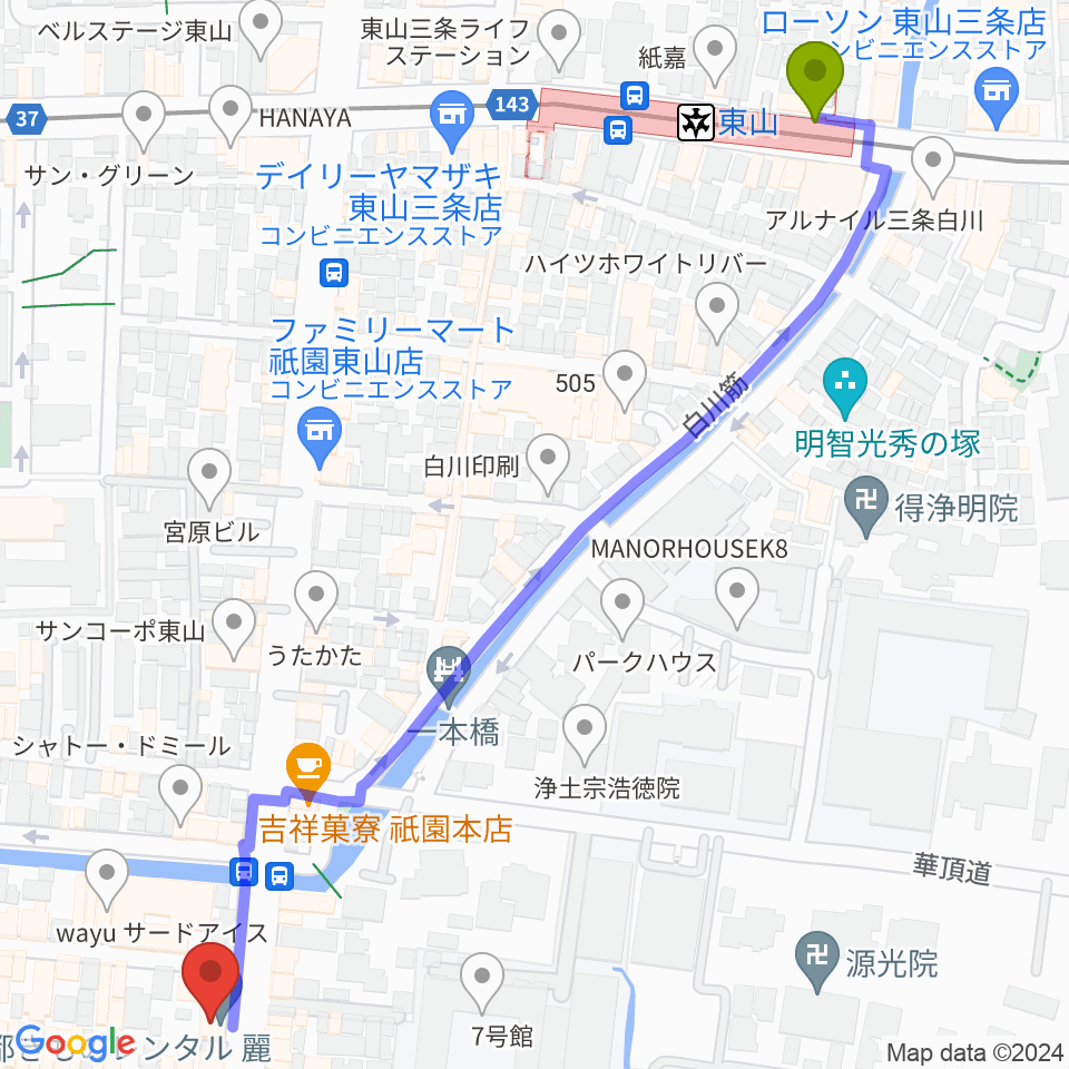 祇園SILVER WINGSの最寄駅東山駅からの徒歩ルート（約8分）地図