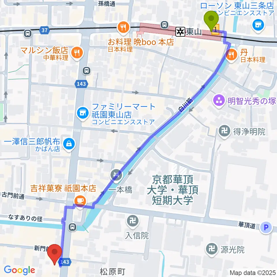 祇園SILVER WINGSの最寄駅東山駅からの徒歩ルート（約8分）地図