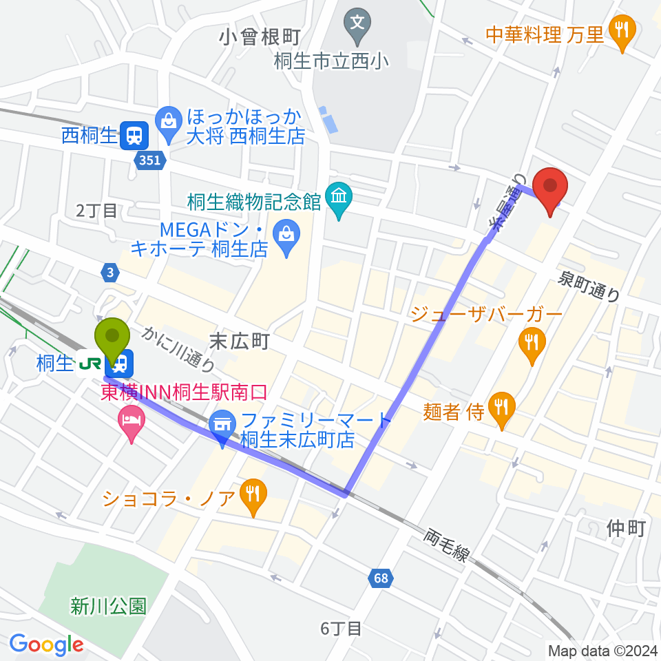 青柳プライベートギターレッスンの最寄駅桐生駅からの徒歩ルート（約11分）地図