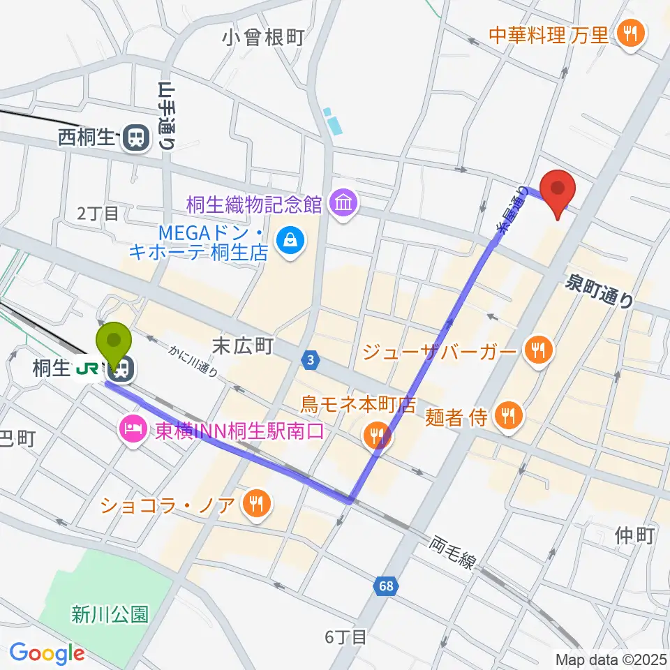 青柳プライベートギターレッスンの最寄駅桐生駅からの徒歩ルート（約11分）地図