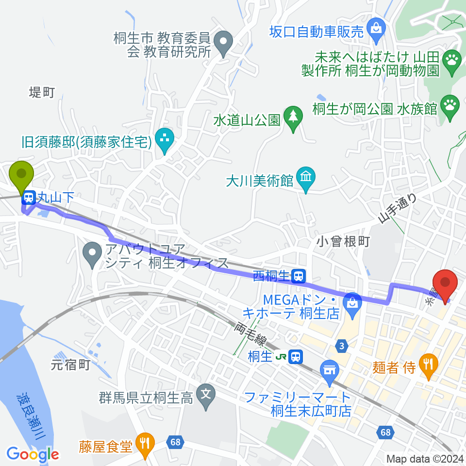 丸山下駅から青柳プライベートギターレッスンへのルートマップ地図