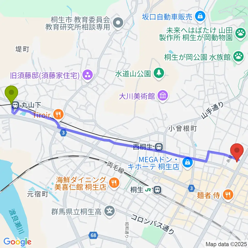 丸山下駅から青柳プライベートギターレッスンへのルートマップ地図