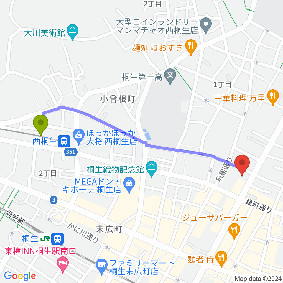 西桐生駅から青柳プライベートギターレッスンへのルートマップ地図