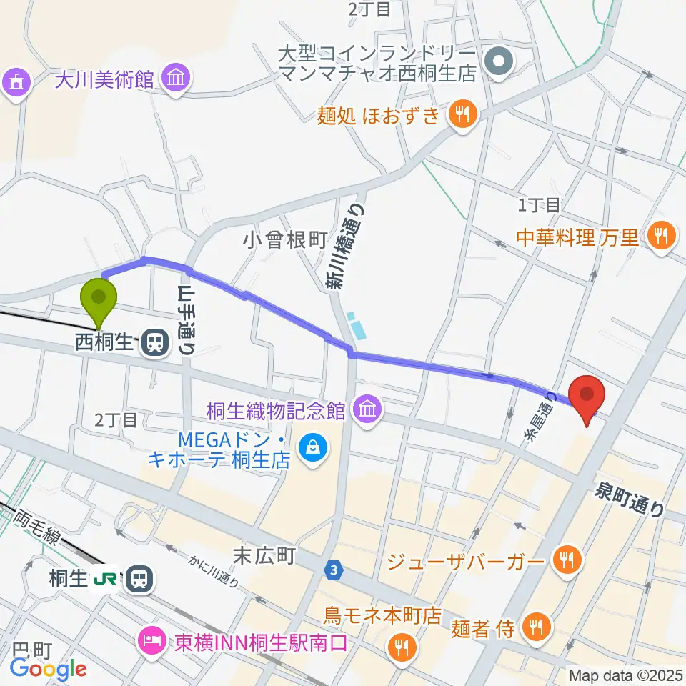 西桐生駅から青柳プライベートギターレッスンへのルートマップ地図
