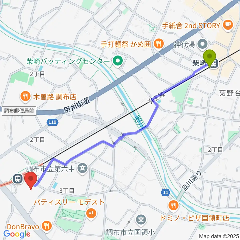 柴崎駅から調布カルチャーセンターへのルートマップ地図