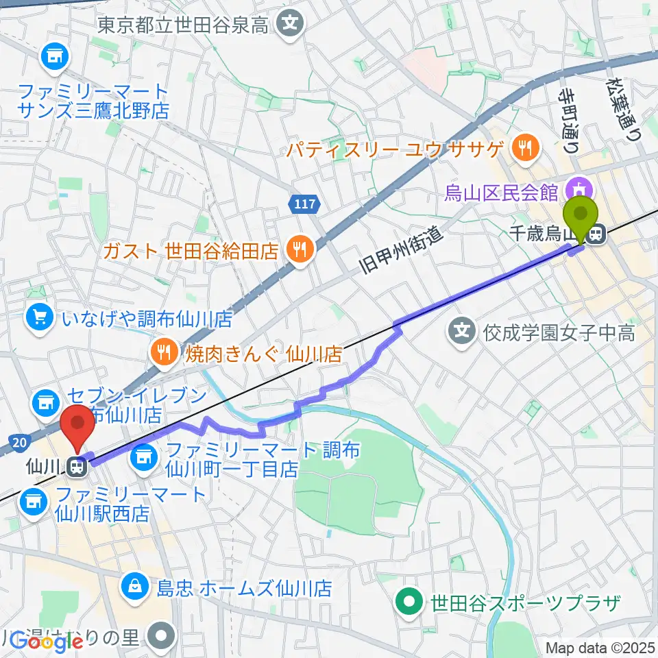 千歳烏山駅から仙川カルチャーセンターへのルートマップ地図