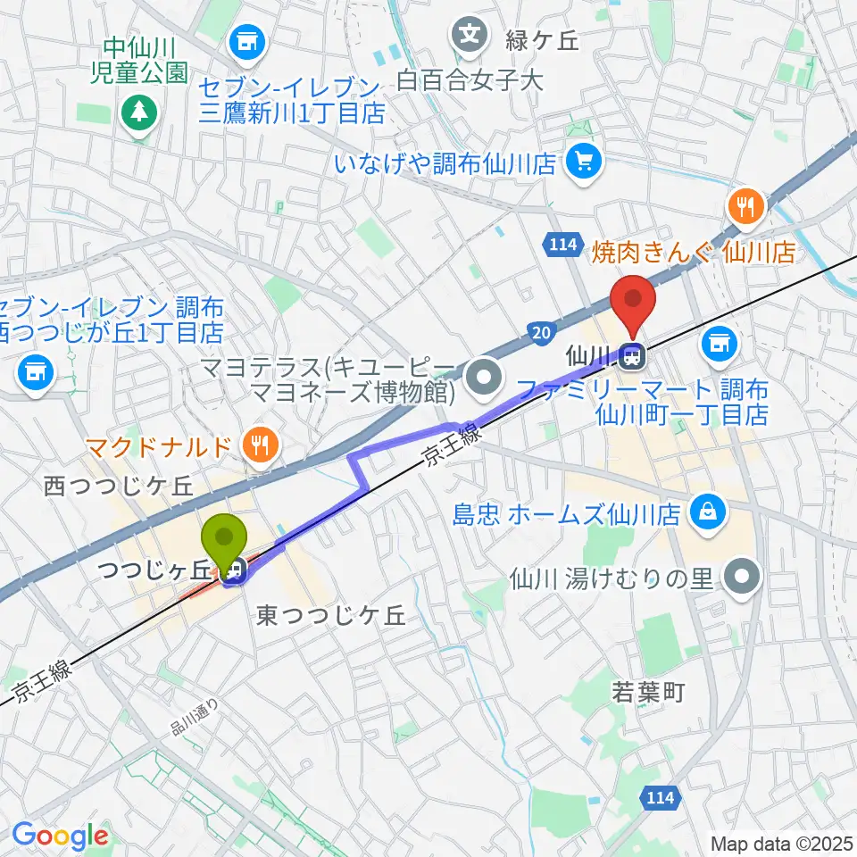 つつじヶ丘駅から仙川カルチャーセンターへのルートマップ地図