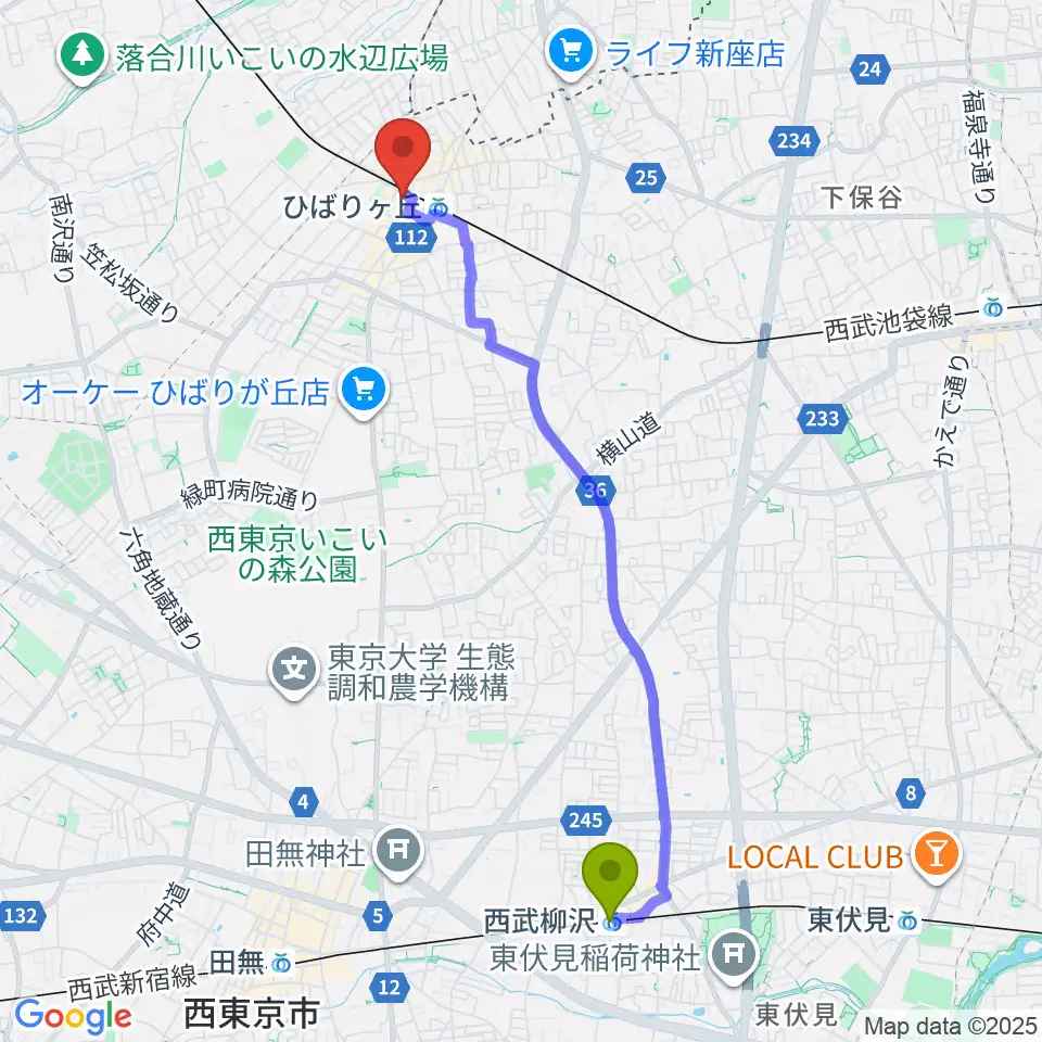 西武柳沢駅からひばりが丘カルチャーセンターへのルートマップ地図