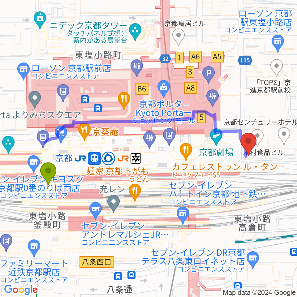 JEUGIA ミュージックサロン京都駅の最寄駅京都駅からの徒歩ルート（約5分）地図