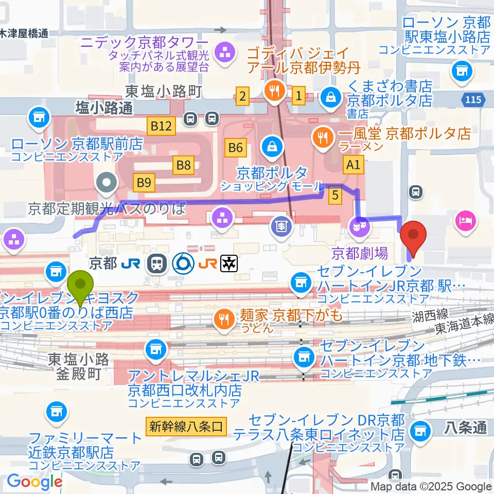 JEUGIA ミュージックサロン京都駅の最寄駅京都駅からの徒歩ルート（約5分）地図