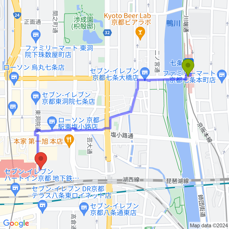 七条駅からJEUGIA ミュージックサロン京都駅へのルートマップ地図