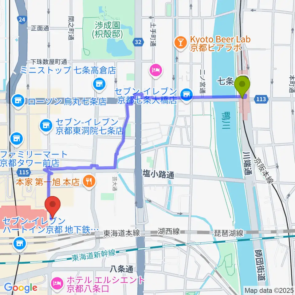 七条駅からJEUGIA ミュージックサロン京都駅へのルートマップ地図