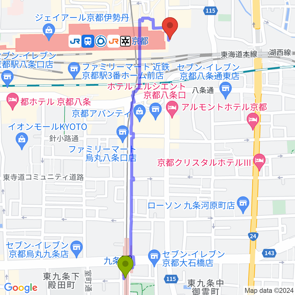 九条駅からJEUGIA ミュージックサロン京都駅へのルートマップ地図