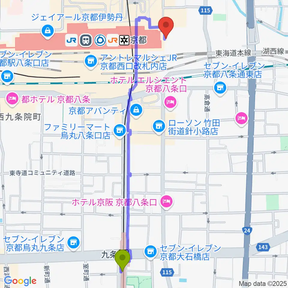 九条駅からJEUGIA ミュージックサロン京都駅へのルートマップ地図