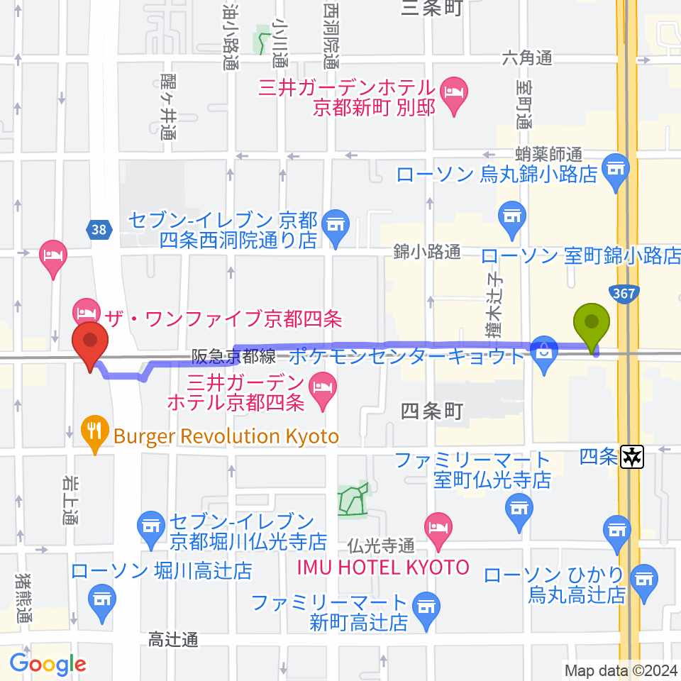 烏丸駅から京都ルータールーターへのルートマップ地図