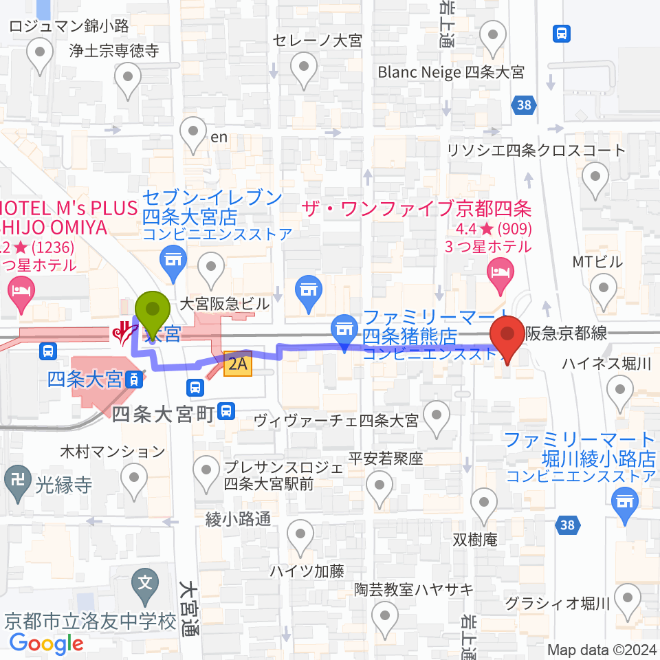 京都ルータールーターの最寄駅大宮駅からの徒歩ルート（約4分）地図